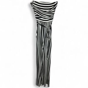 Meek Black White Striped Jumpsuit Small Strapless Wide Leg Tie Waist Flowy
